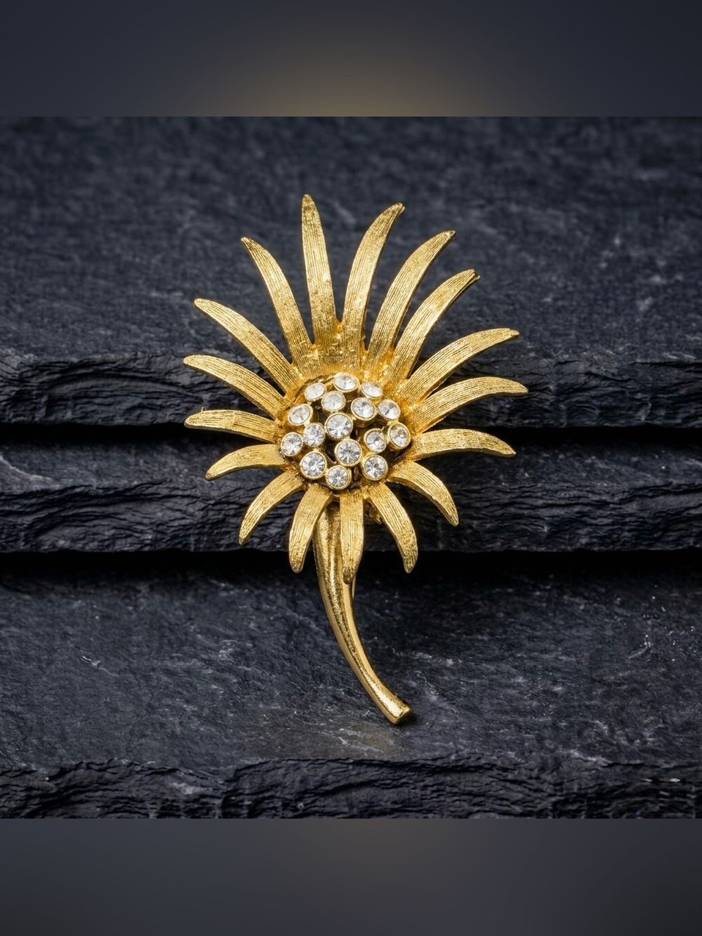 Vintage 60s Brushed Gold Tone Chrysanthemum Starburst Rhinestone Flower Brooch